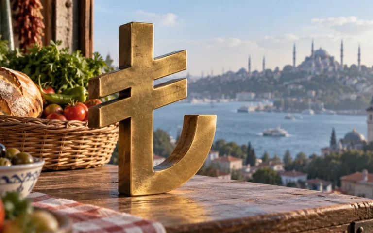 Illustrazione del simbolo della lira turca su un banco con alimenti e Istanbul sullo sfondo