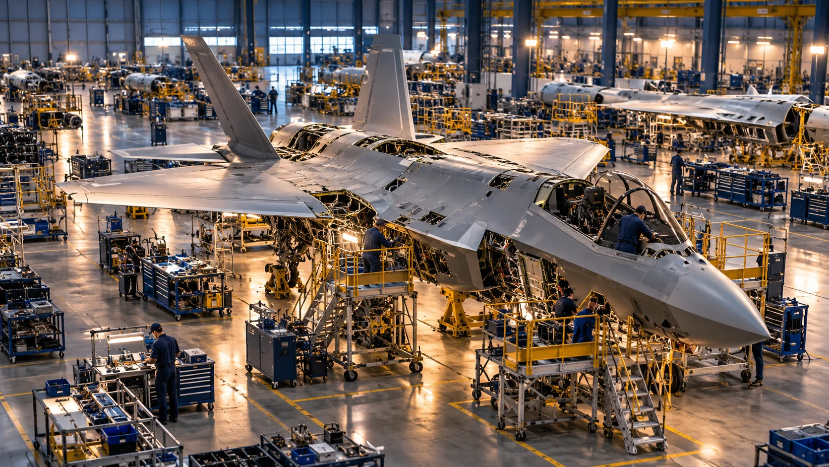 Velivolo militare in assemblaggio all’interno di un hangar industriale