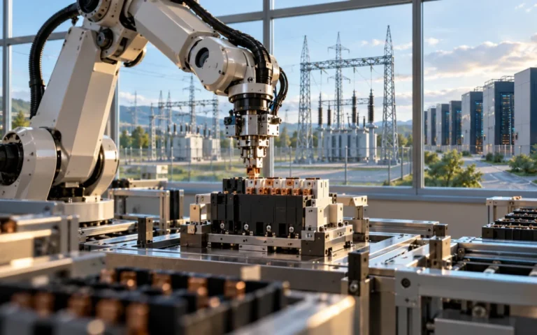 Illustrazione generata con IA: robot industriale assembla componenti elettrici, con reti energetiche e data center sullo sfondo.