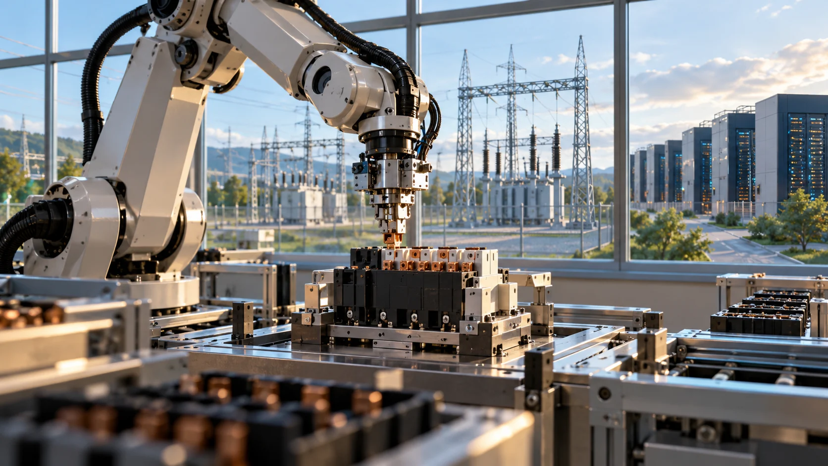 Illustrazione generata con IA: robot industriale assembla componenti elettrici, con reti energetiche e data center sullo sfondo.