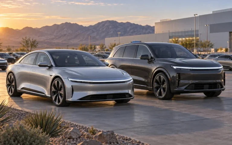 Illustrazione di una berlina e un SUV elettrici in un’area di spedizione industriale in Arizona.