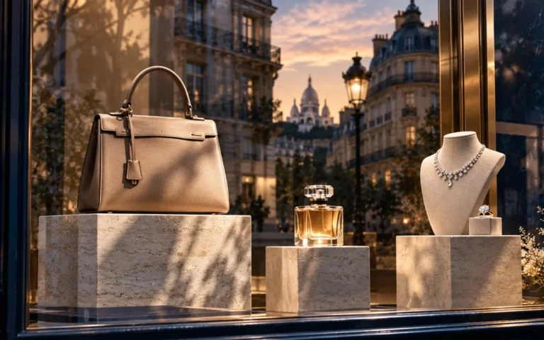 Illustrazione di una vetrina del lusso con borsa in pelle, gioielli e profumo su piedistalli, con riflessi di architettura parigina.