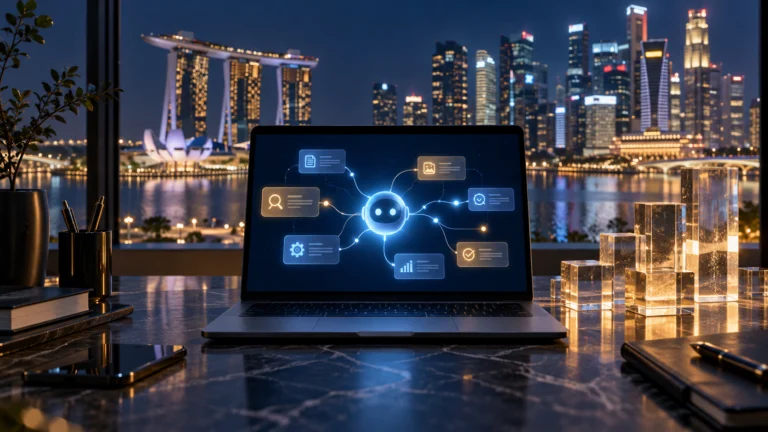 Illustrazione originale di agenti AI su un laptop davanti allo skyline di Singapore