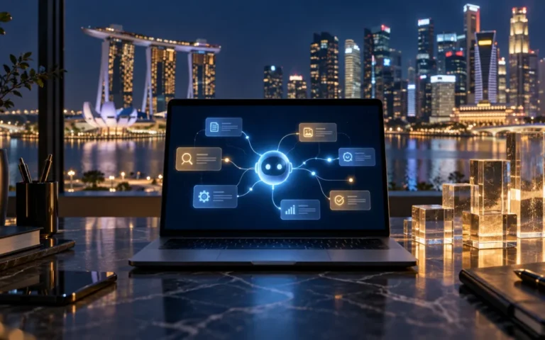 Illustrazione originale di agenti AI su un laptop davanti allo skyline di Singapore