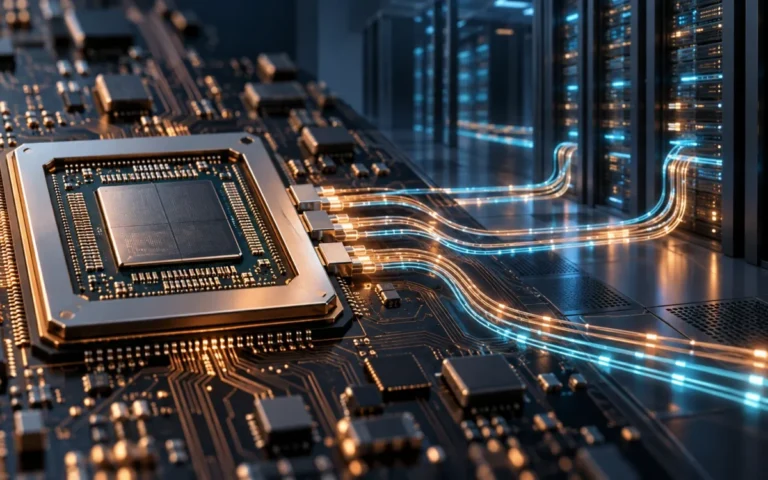 Illustrazione di un semiconduttore collegato ai server di un data center tramite connessioni ottiche
