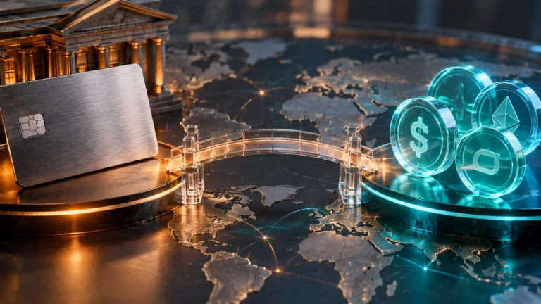 Illustrazione di un ponte tra una carta di pagamento e token digitali su una mappa globale.