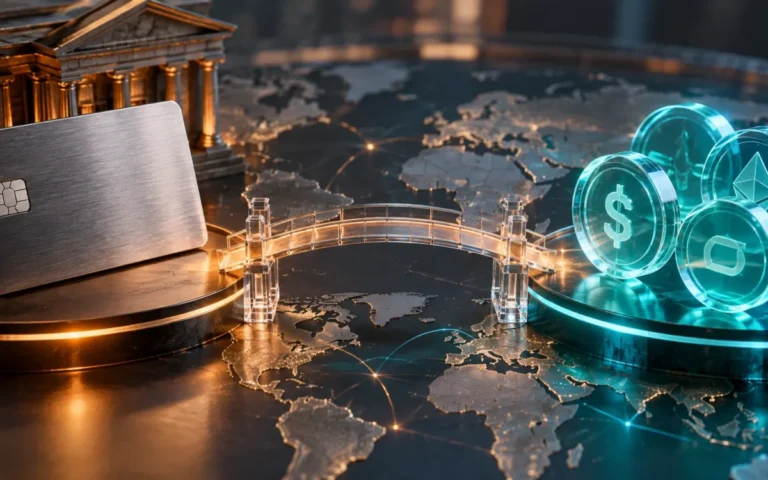 Illustrazione di un ponte tra una carta di pagamento e token digitali su una mappa globale.