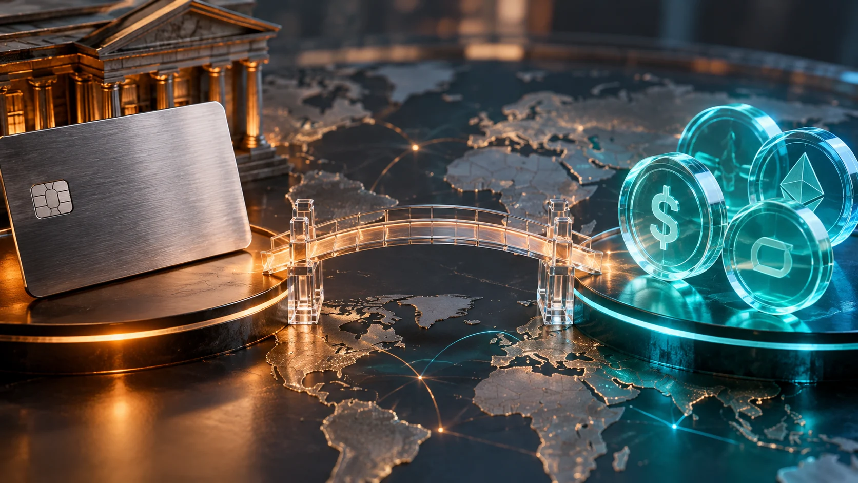 Illustrazione di un ponte tra una carta di pagamento e token digitali su una mappa globale.