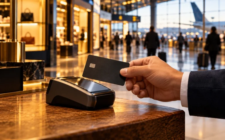 Carta di pagamento avvicinata a un terminale in un negozio aeroportuale, rappresentazione dei pagamenti internazionali di Mastercard.
