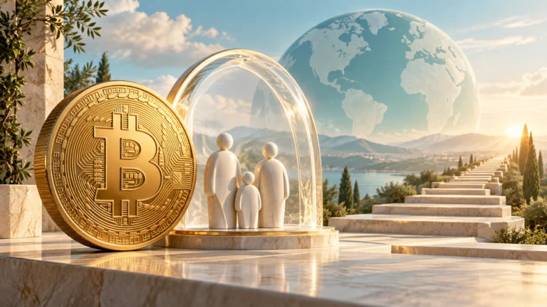Moneta Bitcoin accanto a una famiglia protetta da un arco trasparente, simbolo della polizza vita