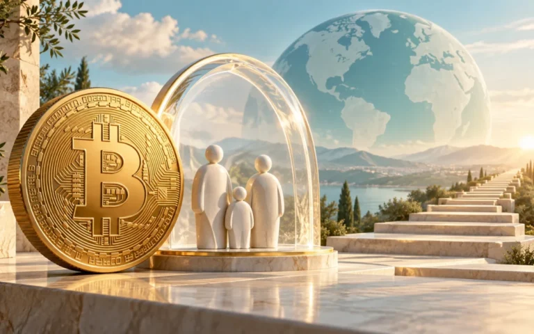 Moneta Bitcoin accanto a una famiglia protetta da un arco trasparente, simbolo della polizza vita