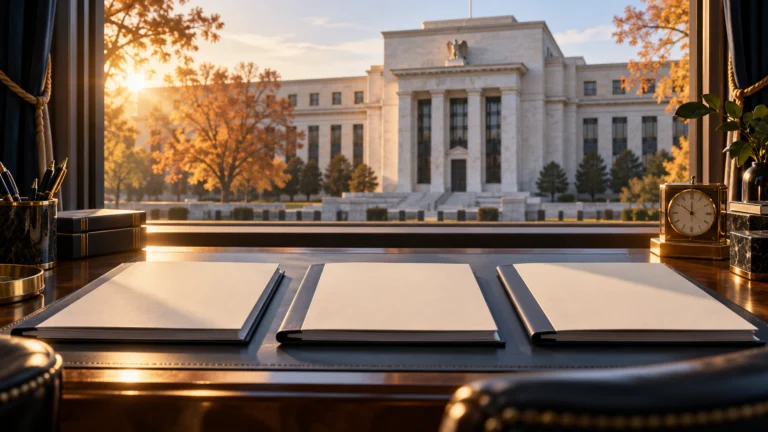 Edificio della Federal Reserve con cartelle di documenti e orologio in primo piano