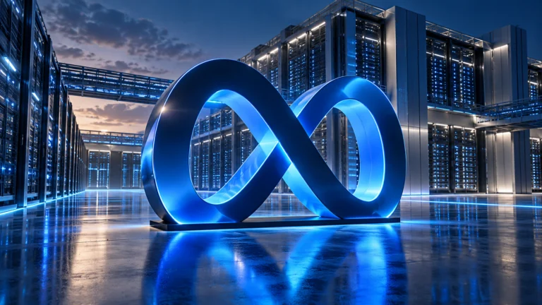 Simbolo blu a forma di infinito davanti a server, rappresentazione editoriale degli investimenti AI di Meta