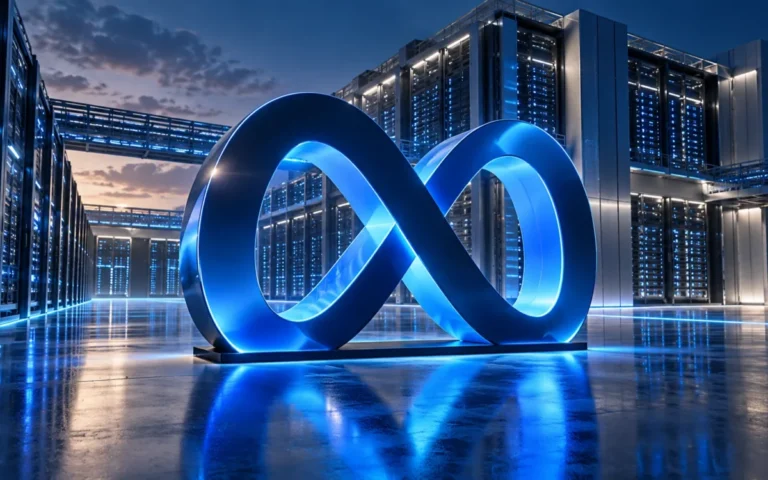Simbolo blu a forma di infinito davanti a server, rappresentazione editoriale degli investimenti AI di Meta