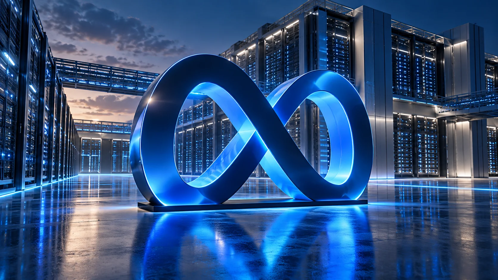 Simbolo blu a forma di infinito davanti a server, rappresentazione editoriale degli investimenti AI di Meta