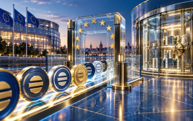 Token digitali attraversano un varco trasparente con stelle europee accanto a una cassaforte