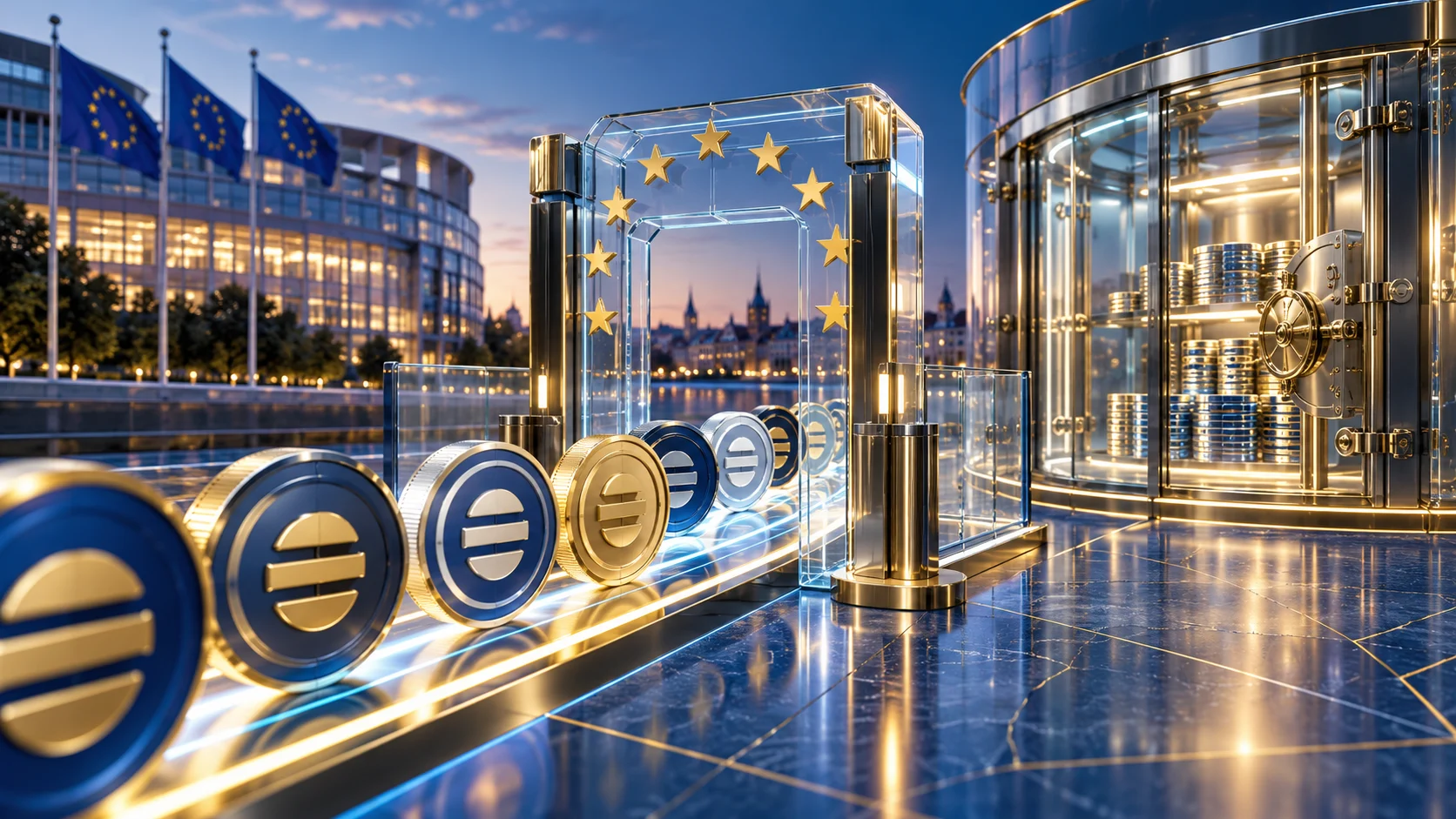 Token digitali attraversano un varco trasparente con stelle europee accanto a una cassaforte