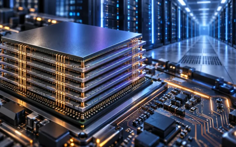 Illustrazione generata con IA: memoria a strati su una scheda elettronica davanti a un corridoio di server.
