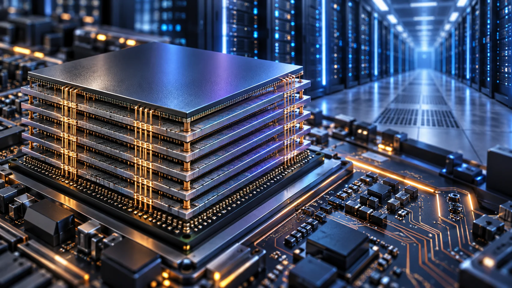 Illustrazione generata con IA: memoria a strati su una scheda elettronica davanti a un corridoio di server.