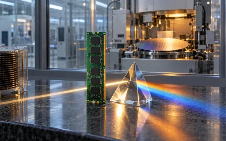 Illustrazione simbolica generata con IA: modulo di memoria e prisma davanti a un impianto per semiconduttori.