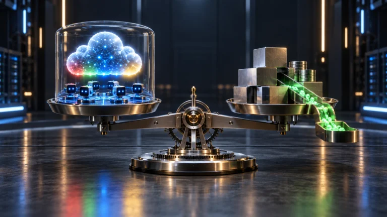 Illustrazione generata con IA: una bilancia tecnologica confronta agenti cloud, investimenti e un flusso simbolico di cassa.