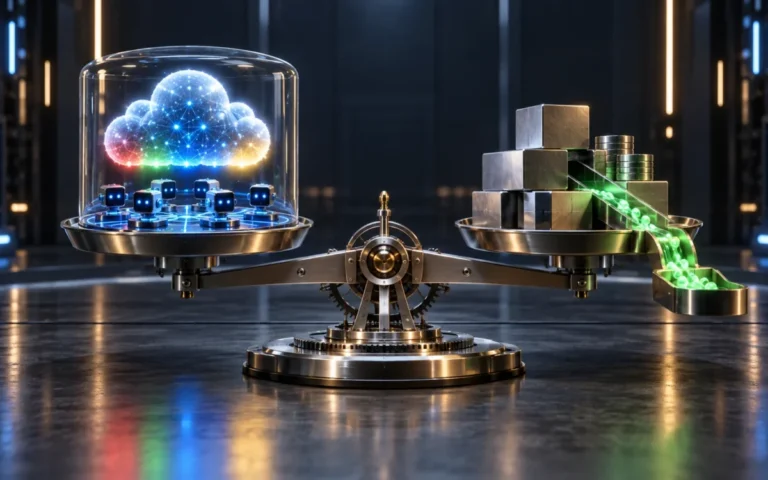Illustrazione generata con IA: una bilancia tecnologica confronta agenti cloud, investimenti e un flusso simbolico di cassa.