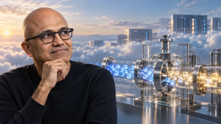 Illustrazione generata con IA di Satya Nadella accanto a un sistema simbolico che misura l’utilizzo dei modelli.