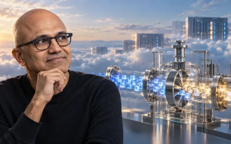 Illustrazione generata con IA di Satya Nadella accanto a un sistema simbolico che misura l’utilizzo dei modelli.