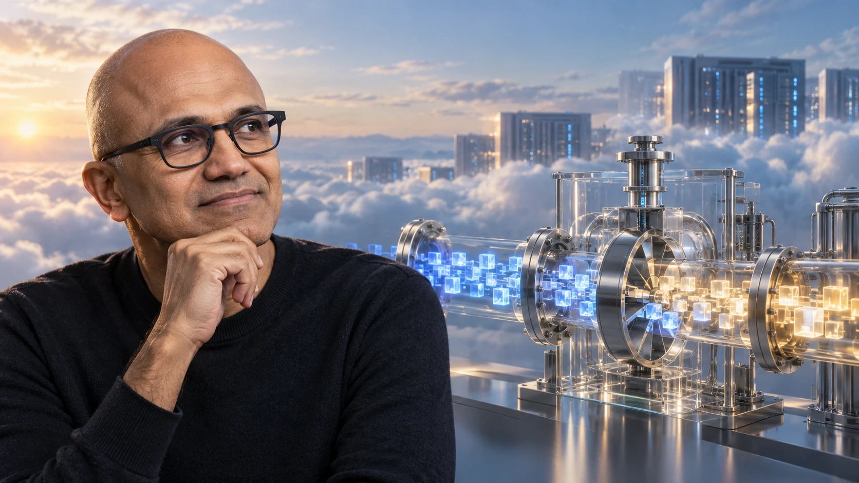 Illustrazione generata con IA di Satya Nadella accanto a un sistema simbolico che misura l’utilizzo dei modelli.