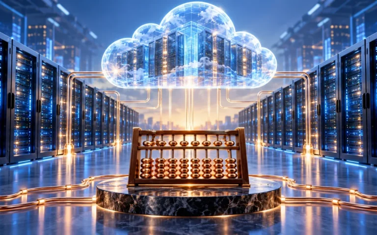 Illustrazione di server e una nuvola digitale collegati a un abaco, simbolo del rendimento del cloud