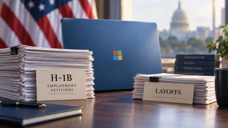 Illustrazione: computer Microsoft e fascicoli sui visti H-1B e sui licenziamenti, con bandiera americana sullo sfondo.