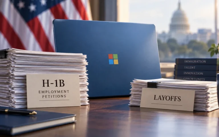 Illustrazione: computer Microsoft e fascicoli sui visti H-1B e sui licenziamenti, con bandiera americana sullo sfondo.