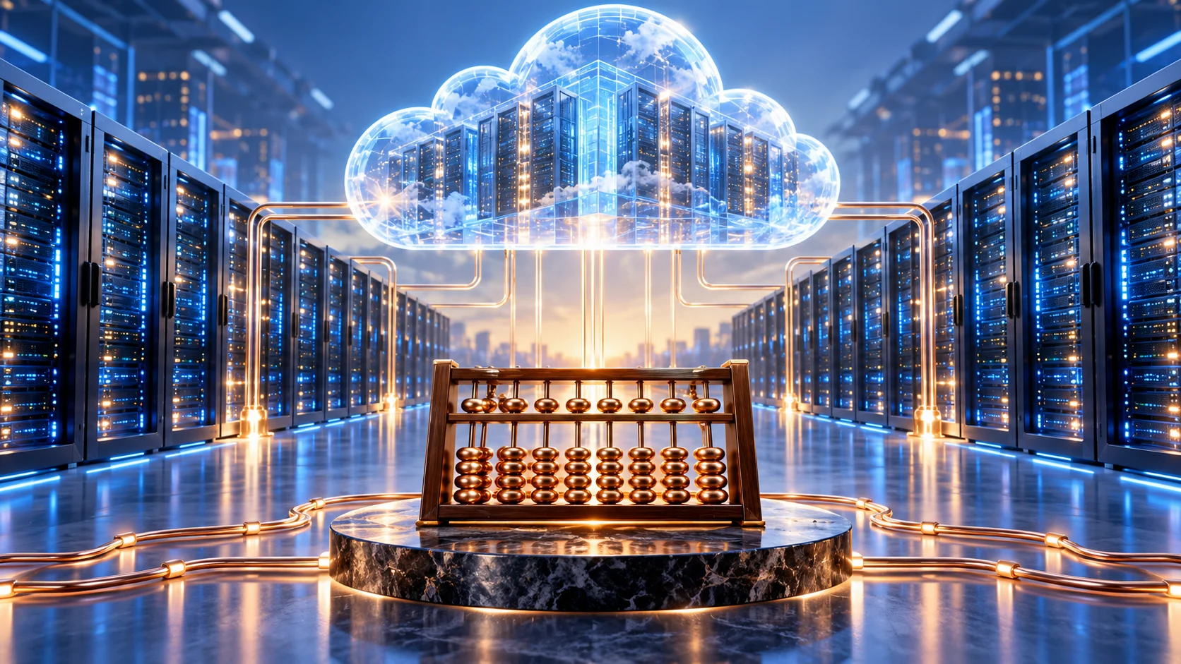 Illustrazione di server e una nuvola digitale collegati a un abaco, simbolo del rendimento del cloud