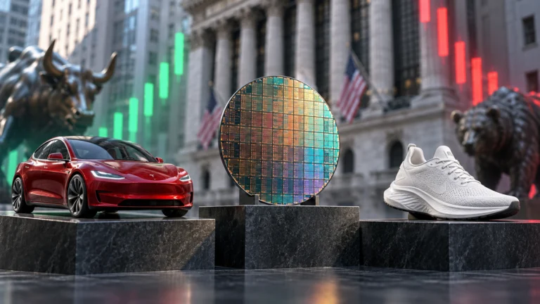 Illustrazione generata con IA: modello di auto elettrica, processore e scarpa sportiva sullo sfondo di Wall Street.