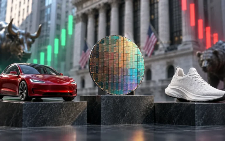 Illustrazione generata con IA: modello di auto elettrica, processore e scarpa sportiva sullo sfondo di Wall Street.
