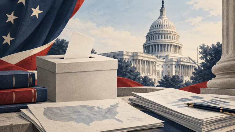 Illustrazione delle midterm USA: urna elettorale, Campidoglio e documenti economici