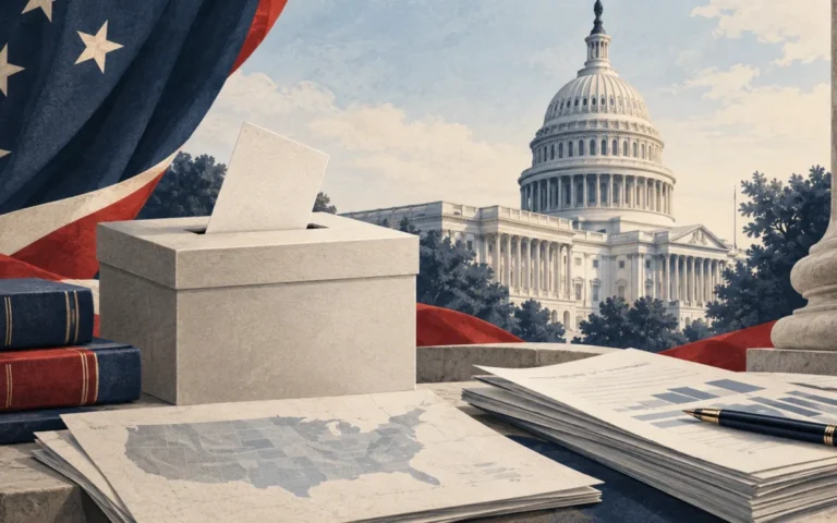 Illustrazione delle midterm USA: urna elettorale, Campidoglio e documenti economici
