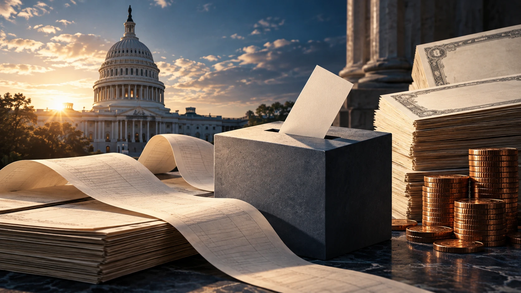 Illustrazione del Campidoglio, un’urna elettorale e documenti di bilancio per le midterm USA 2026