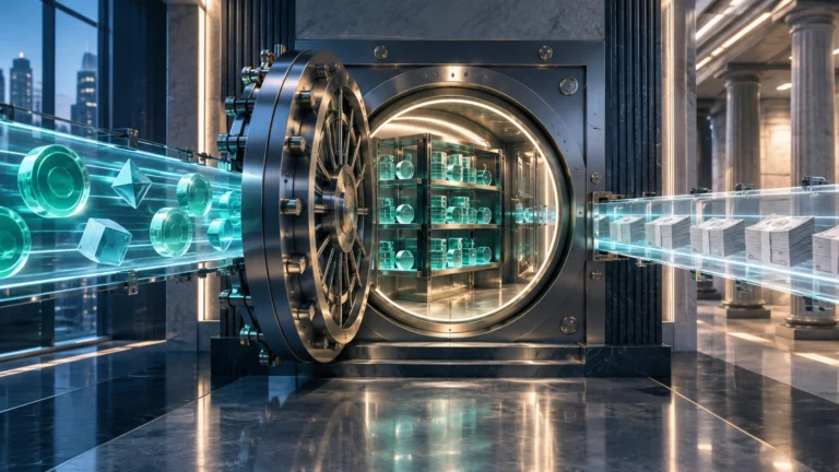 Illustrazione concettuale di un caveau digitale collegato a un’infrastruttura di pagamenti.