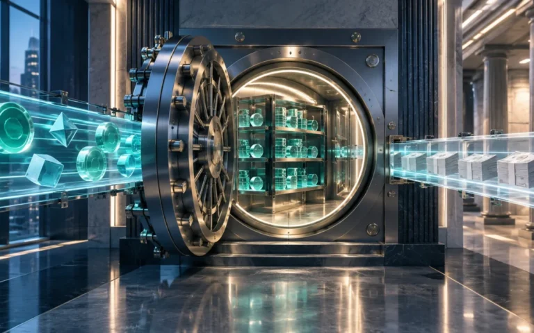 Illustrazione concettuale di un caveau digitale collegato a un’infrastruttura di pagamenti.