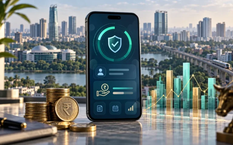 Illustrazione del credito digitale in India con smartphone, monete e skyline urbano