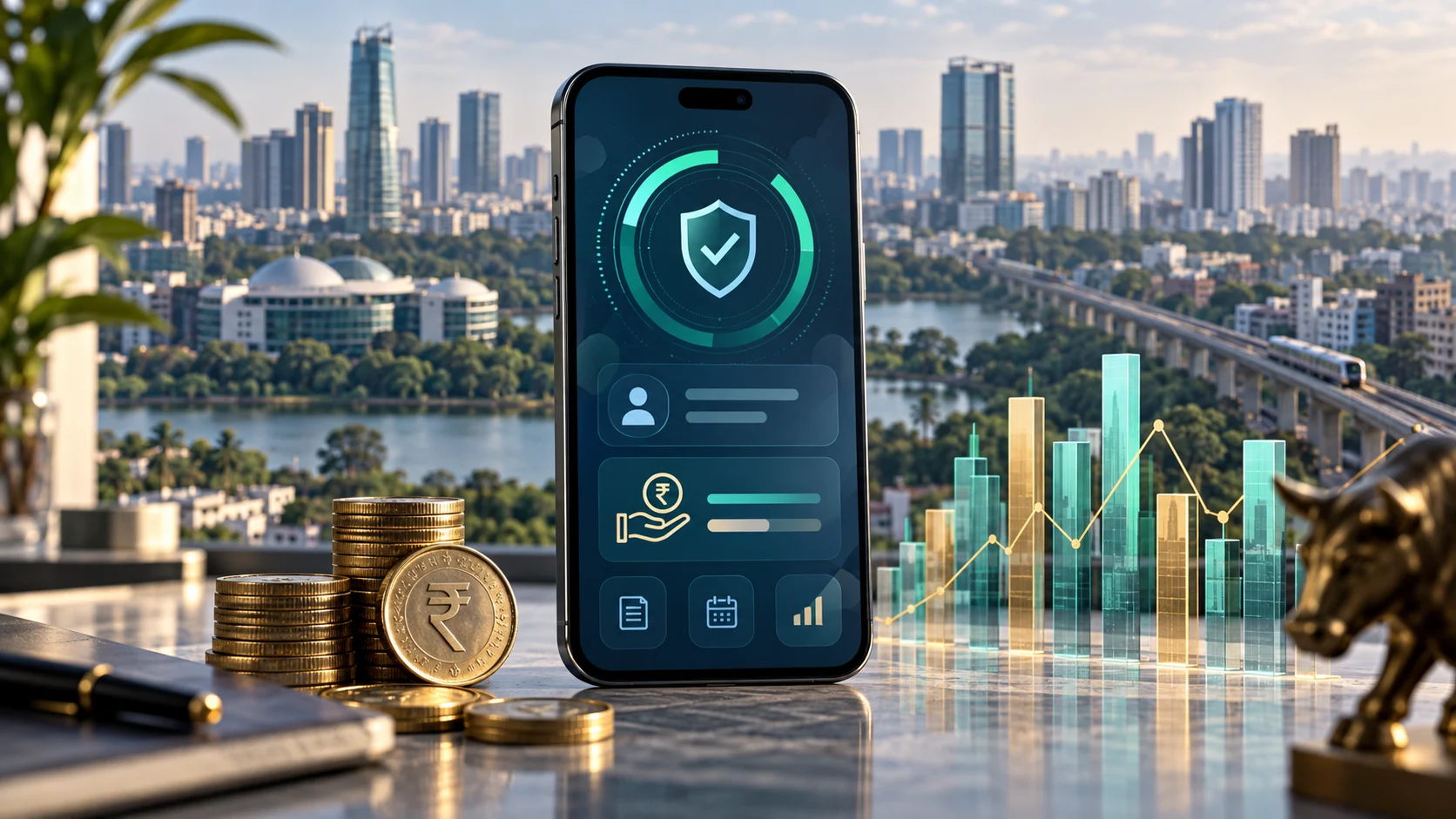 Illustrazione del credito digitale in India con smartphone, monete e skyline urbano