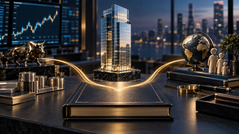 Torre finanziaria in miniatura accanto a portafogli d’investimento e un registro contabile