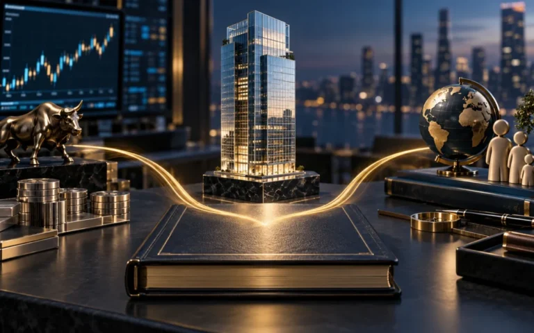 Torre finanziaria in miniatura accanto a portafogli d’investimento e un registro contabile