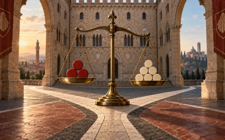 Illustrazione di una bilancia con gettoni di voto davanti a un palazzo senese, simbolo delle scelte degli azionisti MPS