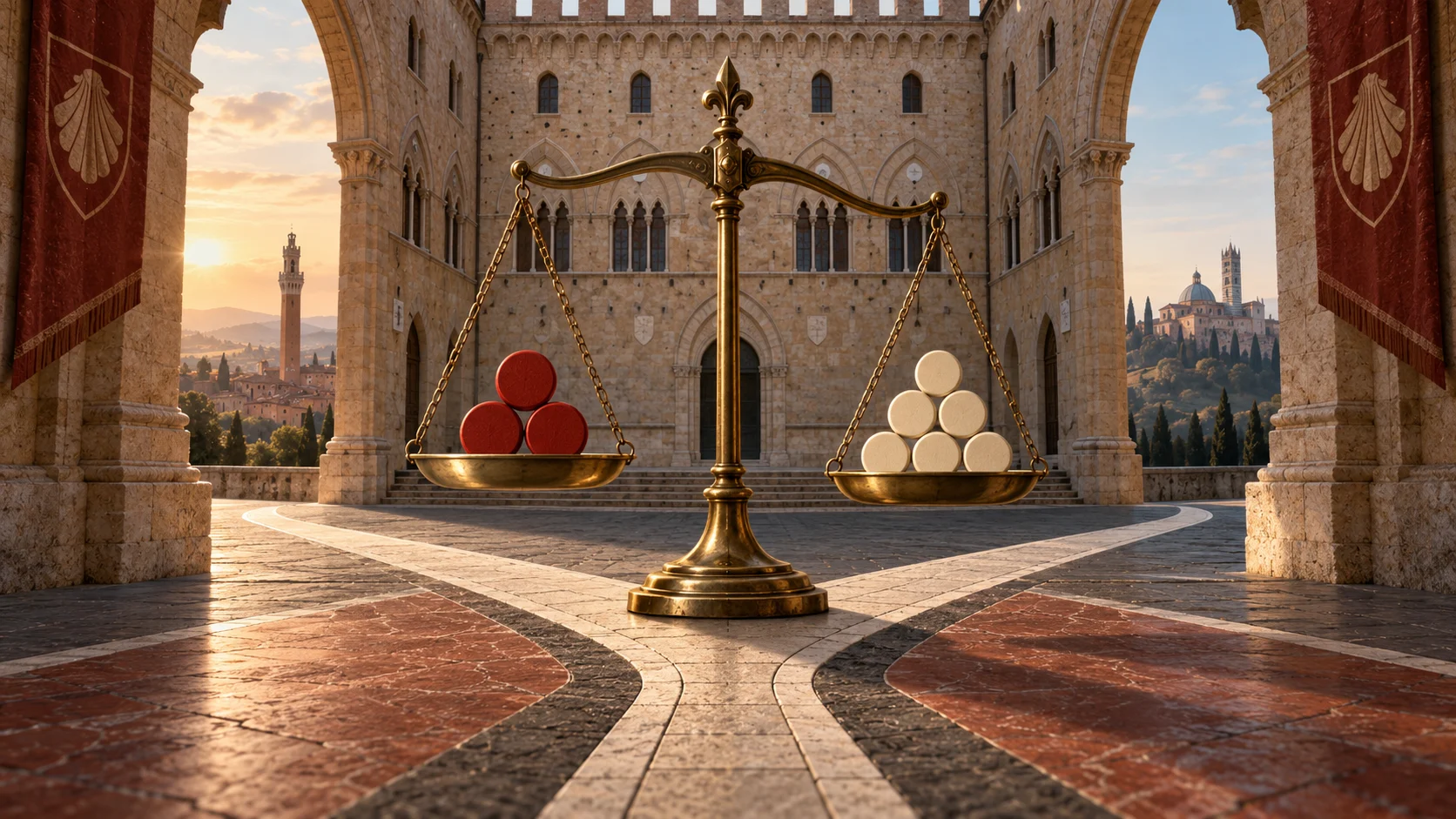 Illustrazione di una bilancia con gettoni di voto davanti a un palazzo senese, simbolo delle scelte degli azionisti MPS