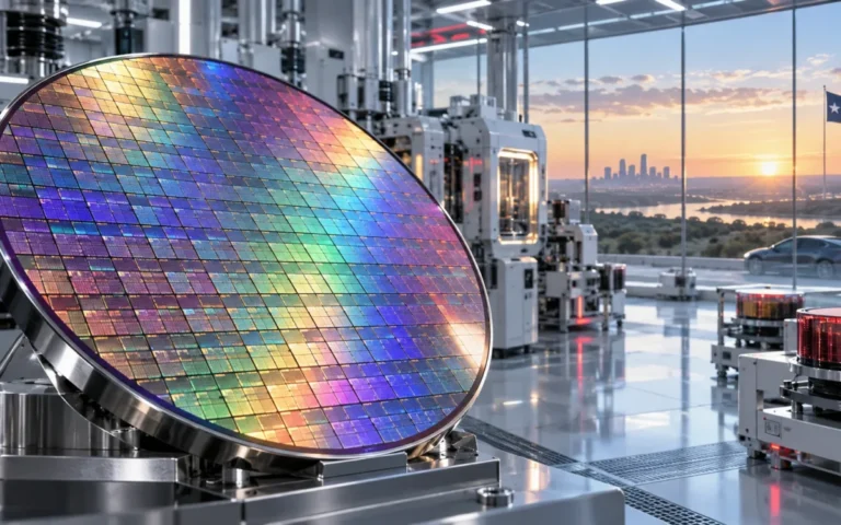 Illustrazione concettuale di un wafer di silicio e di un impianto per semiconduttori, dedicata al progetto Terafab