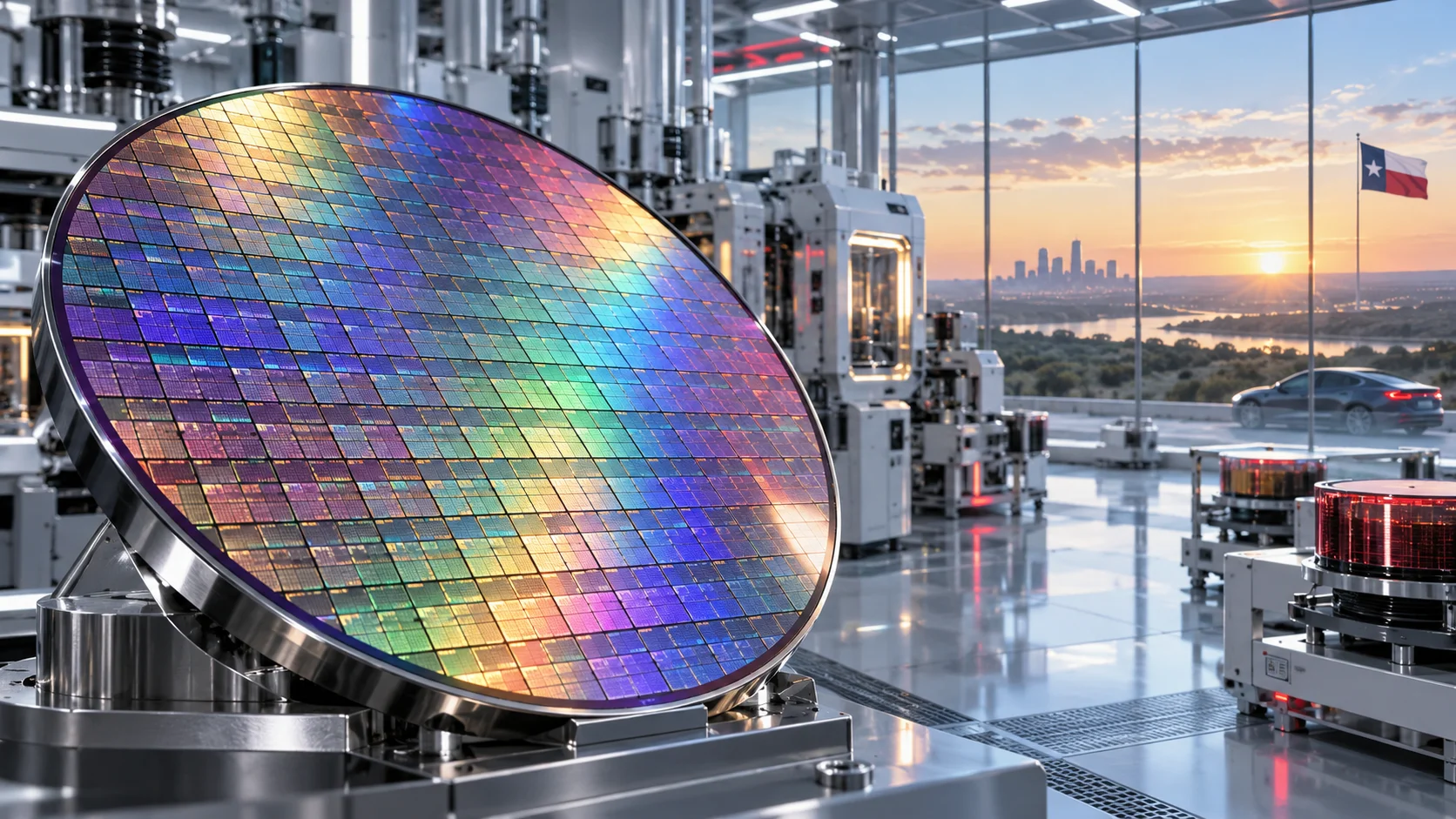 Illustrazione concettuale di un wafer di silicio e di un impianto per semiconduttori, dedicata al progetto Terafab