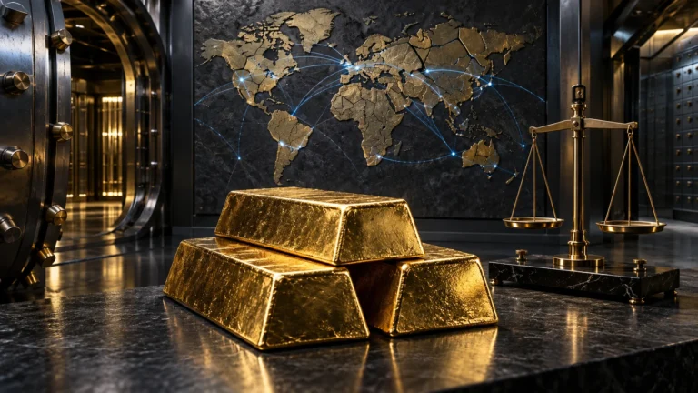 Illustrazione generata con IA: lingotti d’oro in un caveau simbolico, con mappa del mondo frammentata e bilancia.