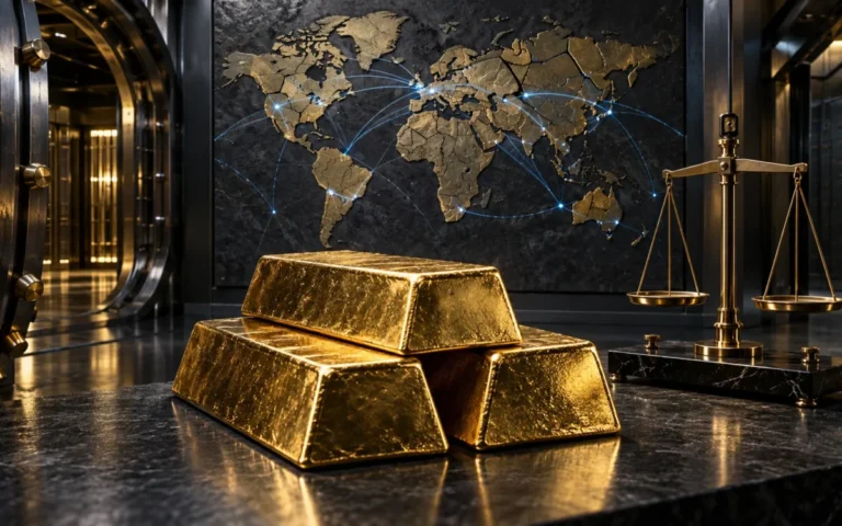 Illustrazione generata con IA: lingotti d’oro in un caveau simbolico, con mappa del mondo frammentata e bilancia.